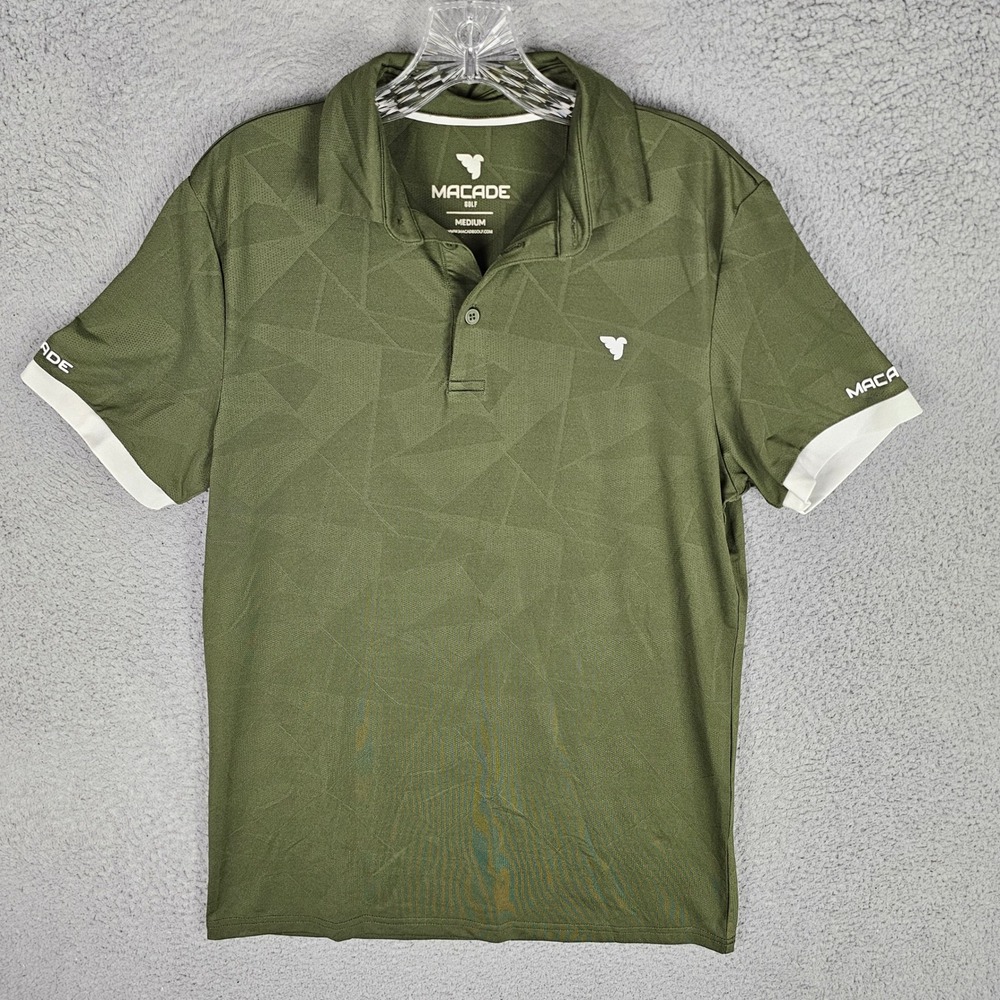 Macade Polo Shirt Mens Medium Green Geometric Slim-Fit Golf Short Sleeve Logo